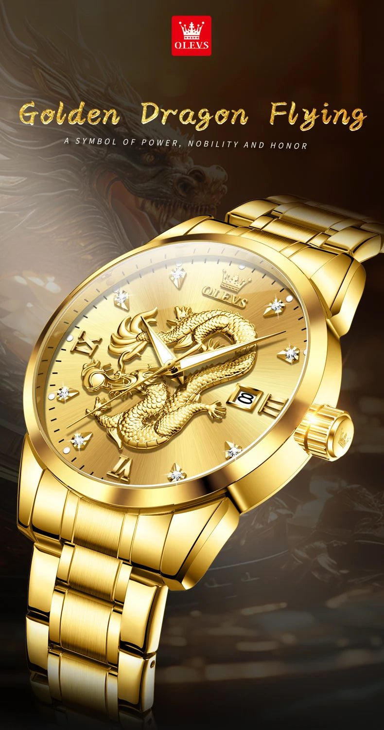 OLEVS 3619 Mens Watch Top Brand Fashion Original Quartz Watch for Man China Loong Dragon Dial Waterproof Luminous Date Reloj
