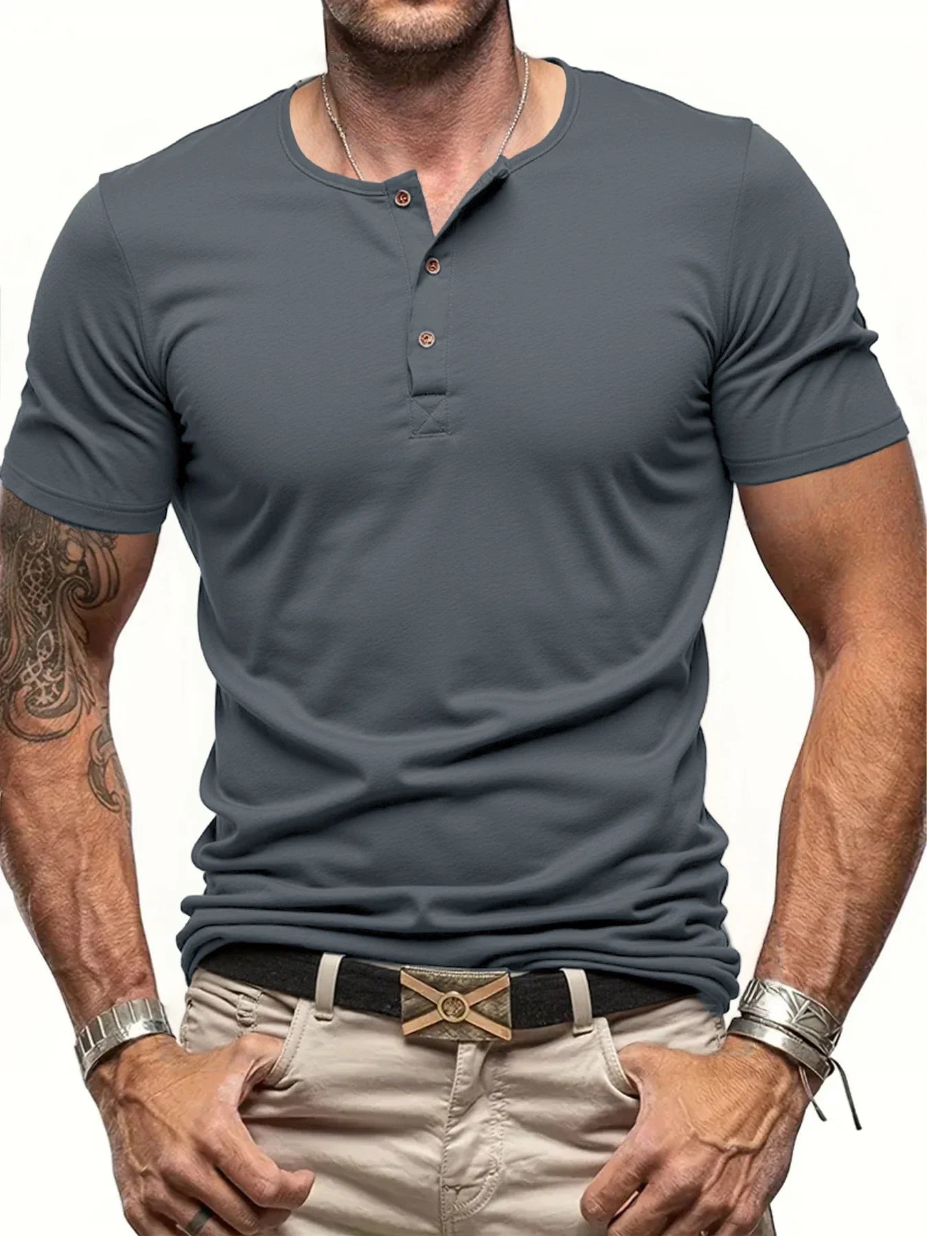 Men's Short Sleeve Henley Neck T-shirt Solid Color Male Tops Slim Fit Button Neck Casual Cozy Tshirt  Streetwear