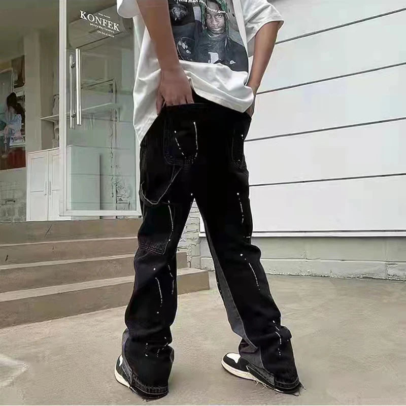 Vintage Mens Flared Leg Jeans Denim Hip Hop Splashing Ink Wide Leg Jean Pants Black Fashionable Retro Streetwear Baggy Jeans Y2k
