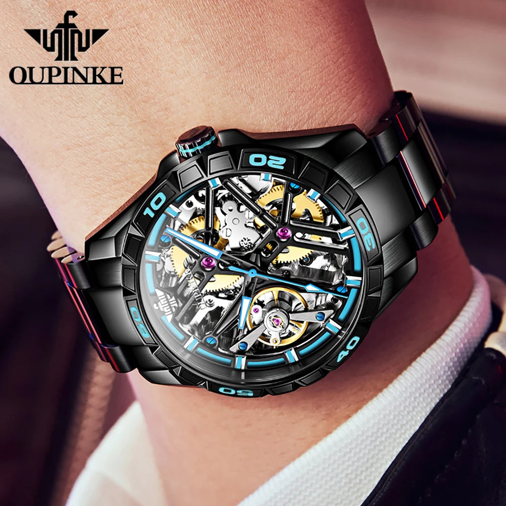 OUPINKE 3196 Blue Watch for Men Original Automatic Movement Deep Waterproof Hollow Out Mechanical Wristwatch Men