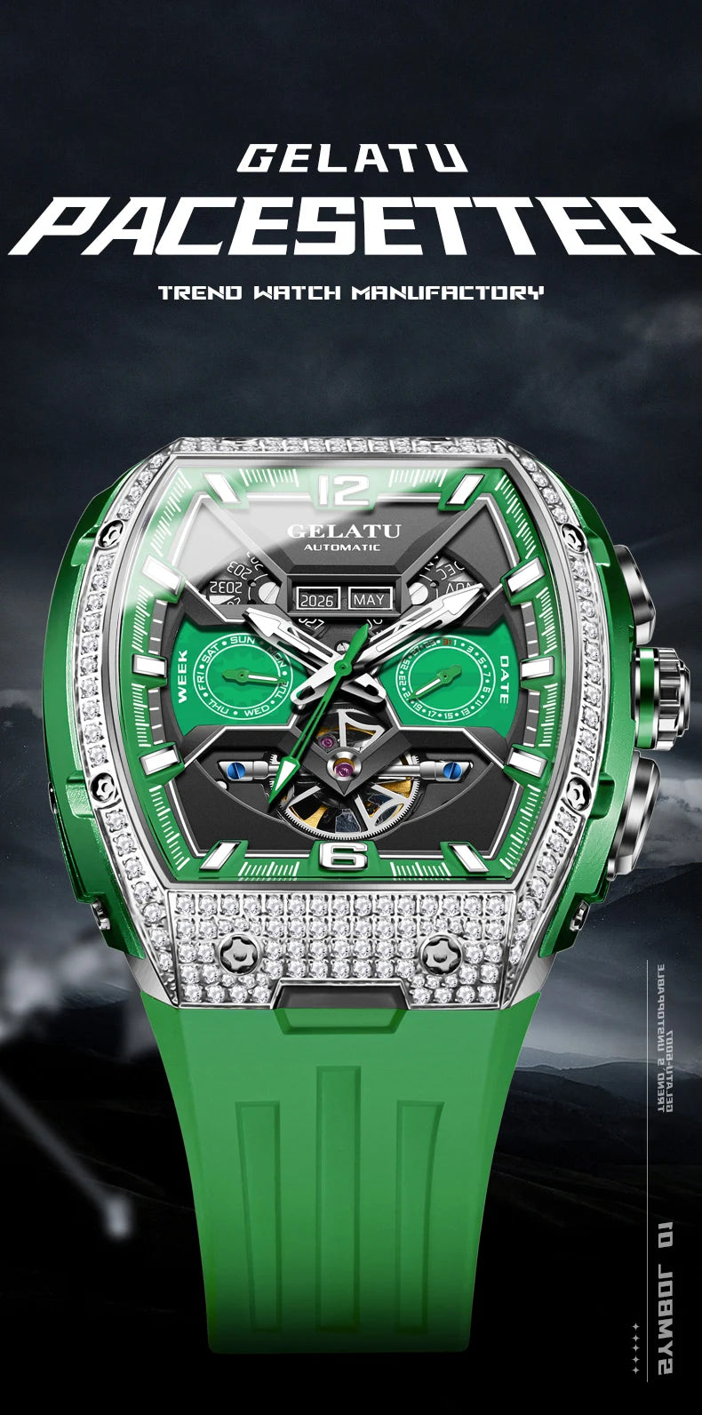 GELATU 6016 High-end Full Diamond Automatic Mechanical Watch for Men Multifunction Hollow Silicone Strap Men's Wristwatches