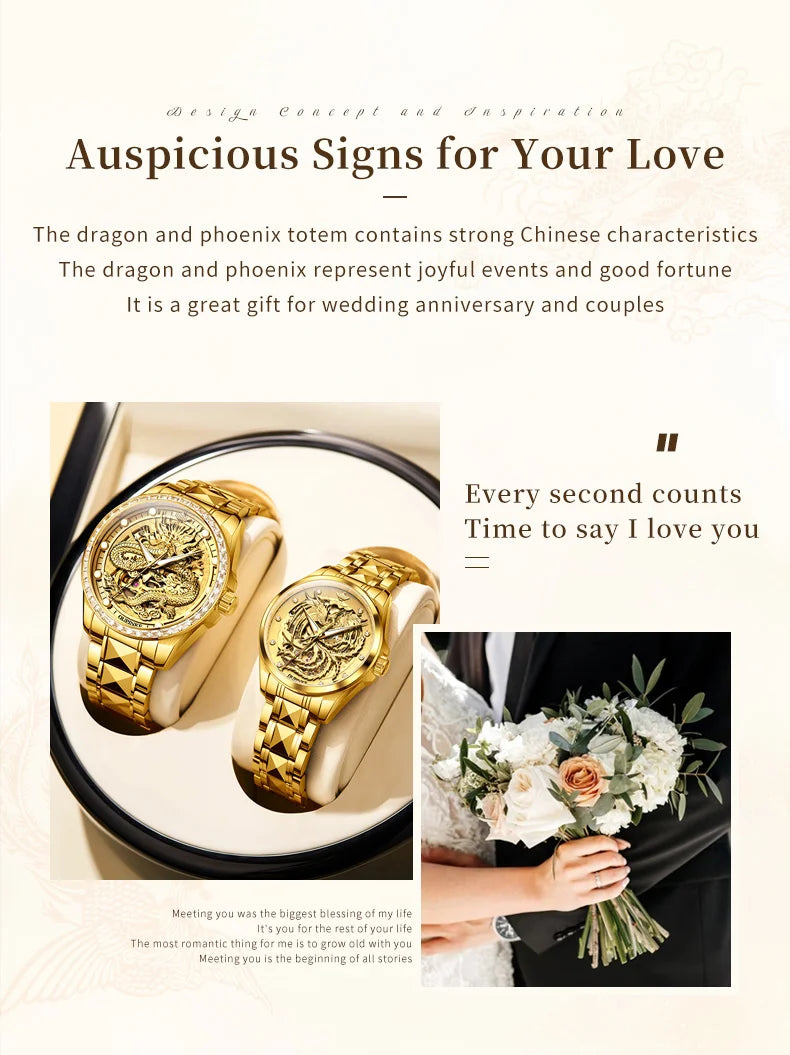 OUPINKE High End Gold Dragon Watch for Men Women Tungsten steel Automatic Mechanical Couple Watches Luxury Couple Wristwatches
