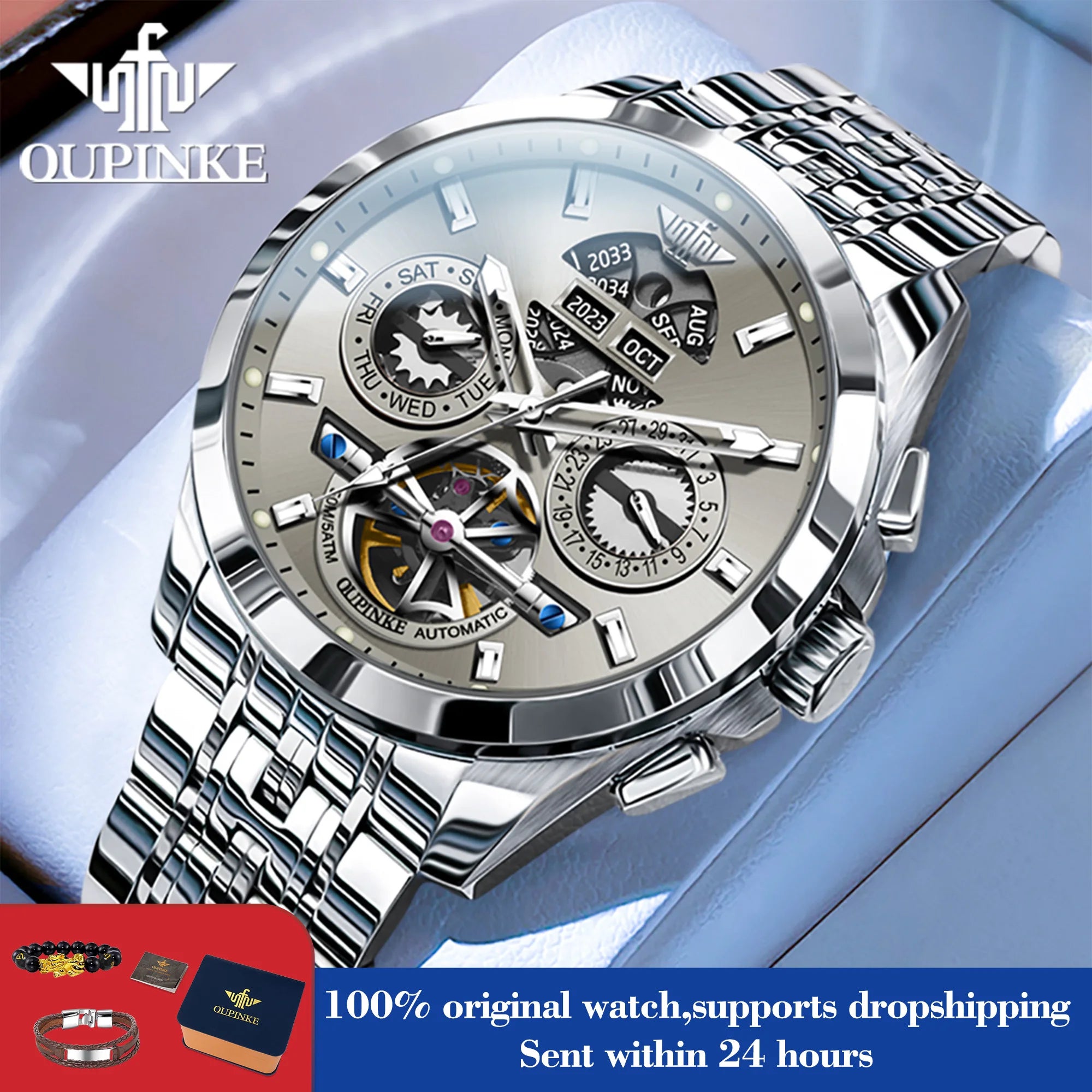 OUPINKE 3251 Watch For Men Auto Date Hollow Skeleton Luxury Automatic Mechanical Hand Clock Top Brand Waterproof Man Watches