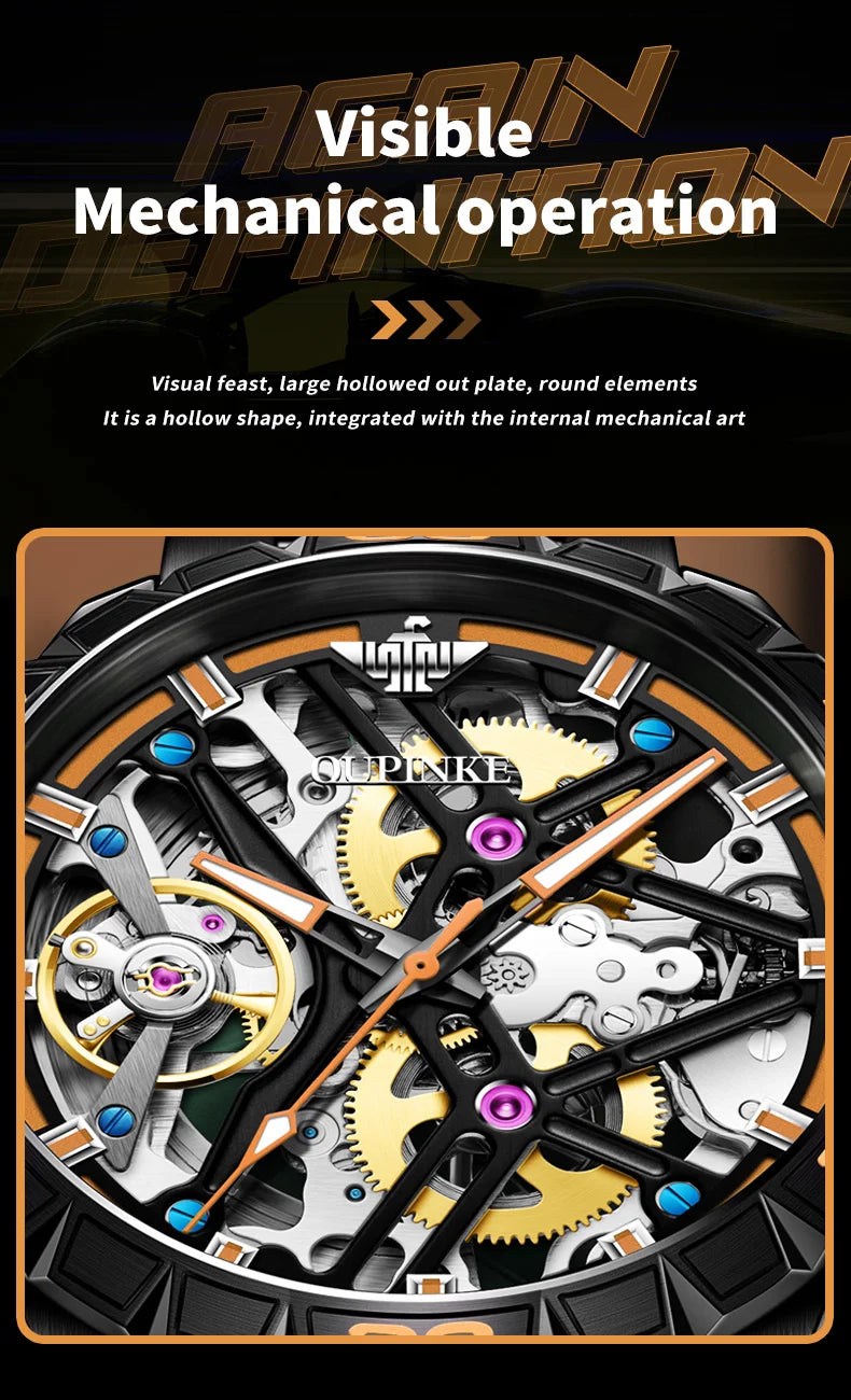 OUPINKE 3196 Luxury Business High Quality Mens Watch Skeleton Automatic Mechanical Watch 50M Waterproof Luminous Sports Watches