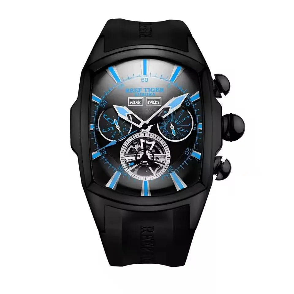 Reef Tiger 316L Stainless Steel Wine Barrel Automatic Watch Fashion Mulitfunction Tourbillon Mechanical Watches for Men RGA3069