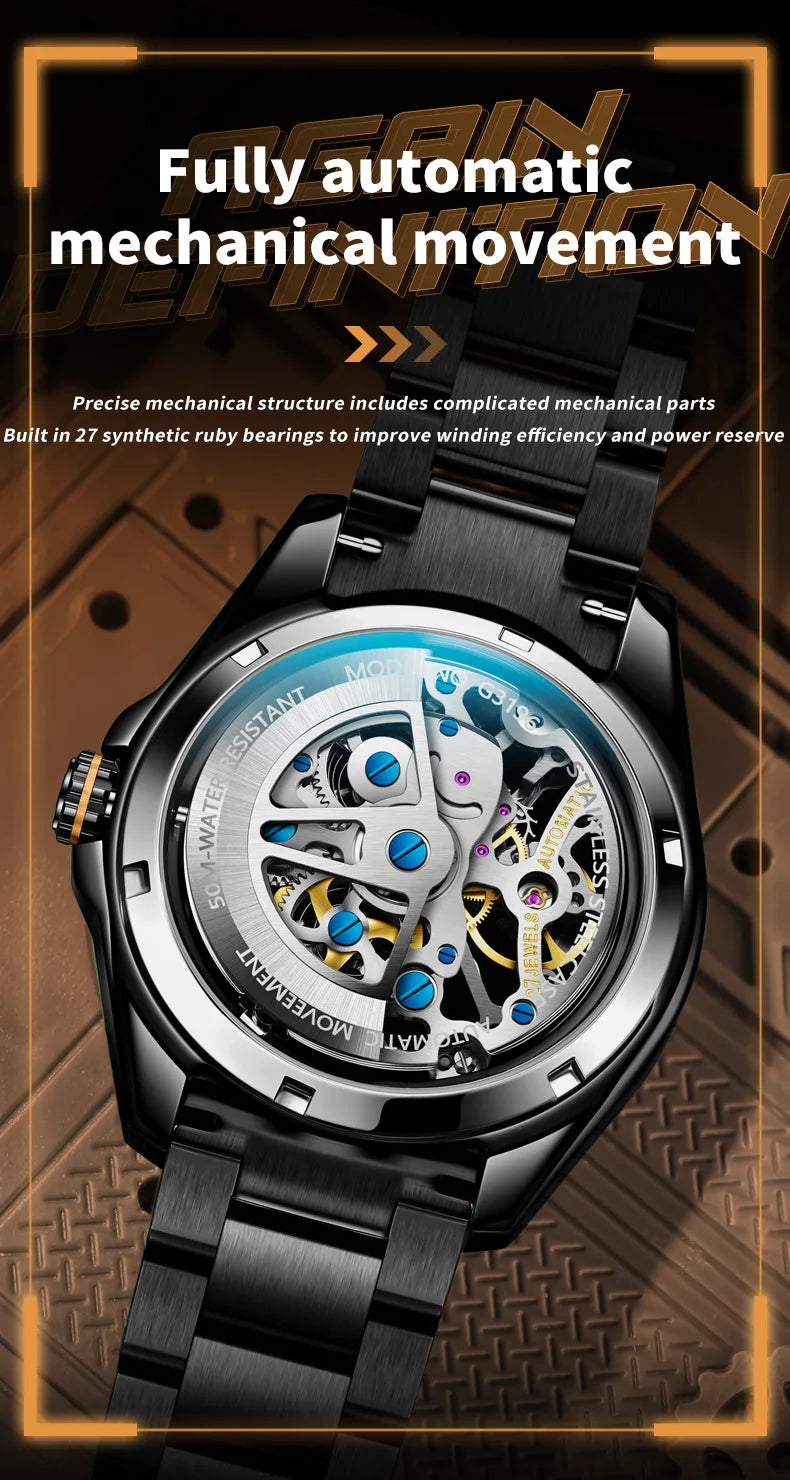 OUPINKE 3196 Luxury Business High Quality Mens Watch Skeleton Automatic Mechanical Watch 50M Waterproof Luminous Sports Watches