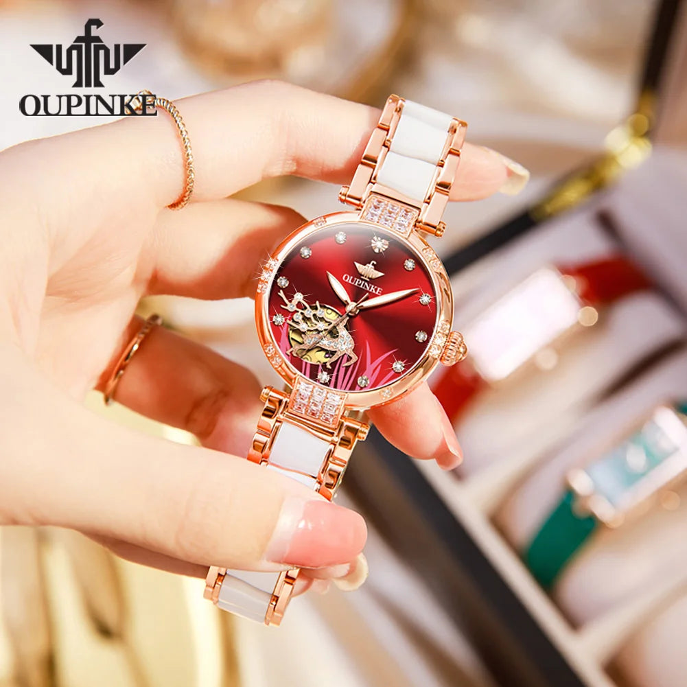 OUPINKE 3211 Women's Watch Elegant Rose Gold Diamond Ceramic Automatic Machinery Women's Watch Luxury Brand Women's Bracelet Set
