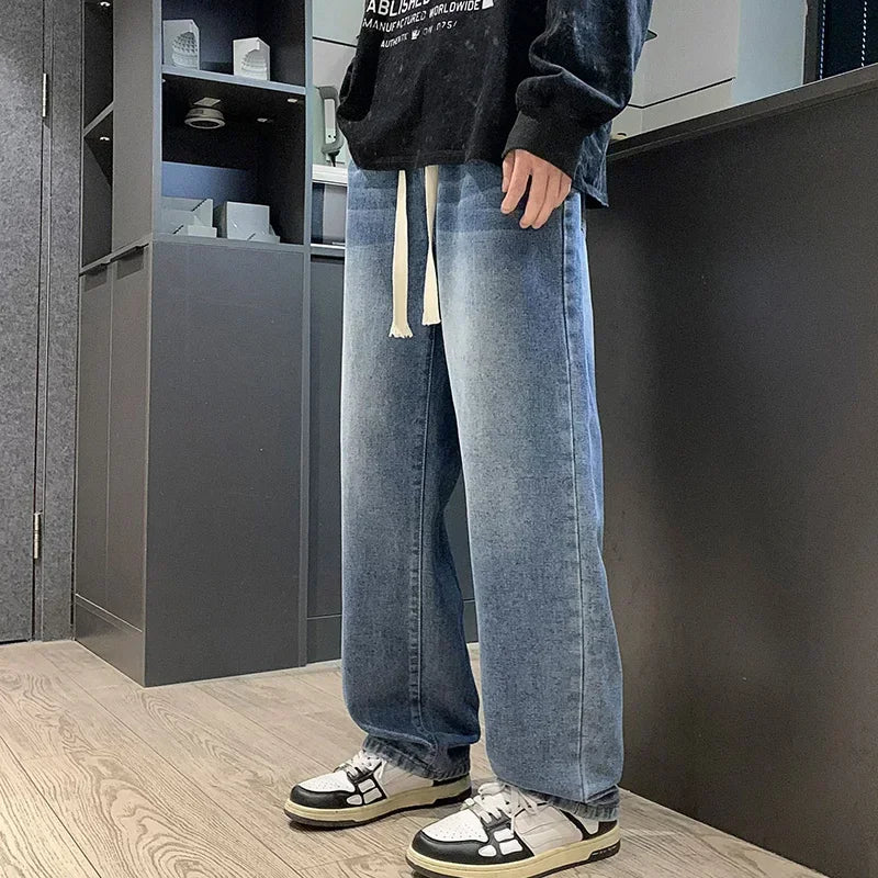 2025 New Fashion Summer Men's Denim Pants Old Blue Washed Male Brand Jeans Straight Casual Menwear Loose Wide Leg Trousers