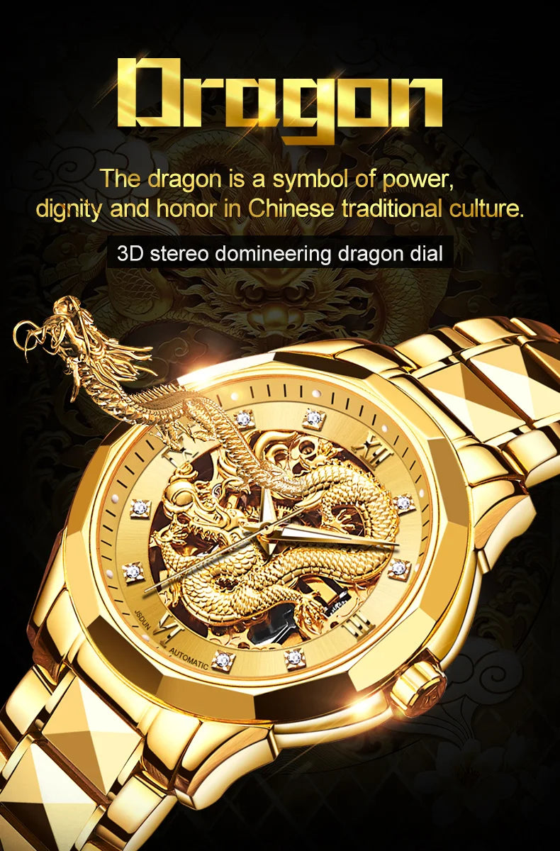 JSDUN Gold 3D Dragon Dial Watch For Men Luxury Brand Automatic Mechanical Watch Stainless Steel Strap Hollow-carved Reloj Hombre