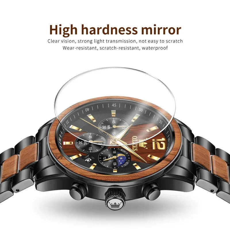 OLEVS 3645 Mens Watch Top Business Quartz Watch Solid Wood Multifunctional Chronograph Watch Moon Phase Reloj New