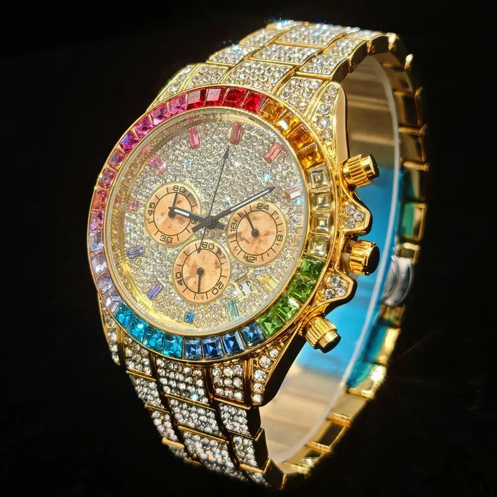 Fashion Ice Watches Men Brand UNIGUET Luxury Stainless Steel Hip Hop Rainbow Diamond Quartz Wristwatch Male Gift Dropshipping