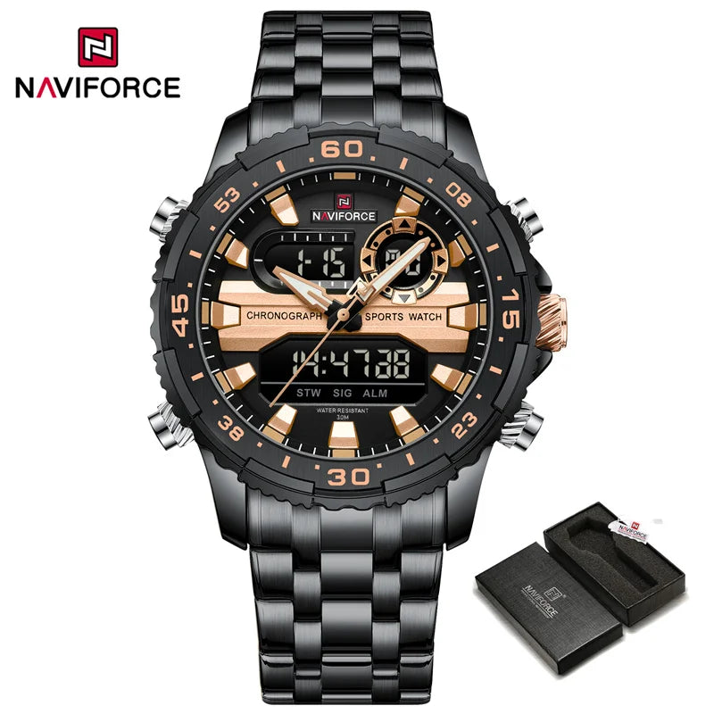 NAVIFORCE Men's Watch Luxury Waterproof Sports Chronograph Quartz Steel Band Wristwatch Digital Date and Week Display Male Clock