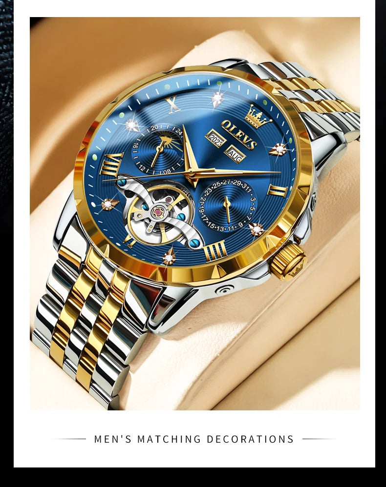 OLEVS Skeleton Multifunctional Men's Watch Automatic Mechanical Luxury Wrist Watch For Men Waterproof Stainless Steel Strap 6691