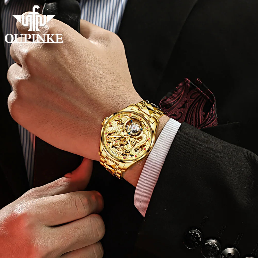 OUPINKE 3176 Automatic Watch For Men Tourbillon Dragon Dial Original Mechanical Hand Clock Deep Waterproof Business Man Watch