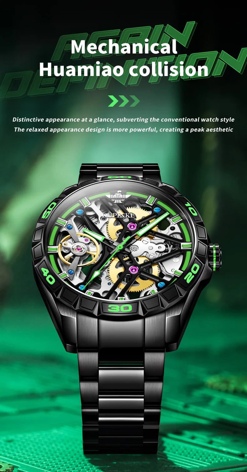 OUPINKE 3196 Fully Automatic Mechanical Watch Men Stainless steel Waterproof Green Night Light High-end Wristwatch Man