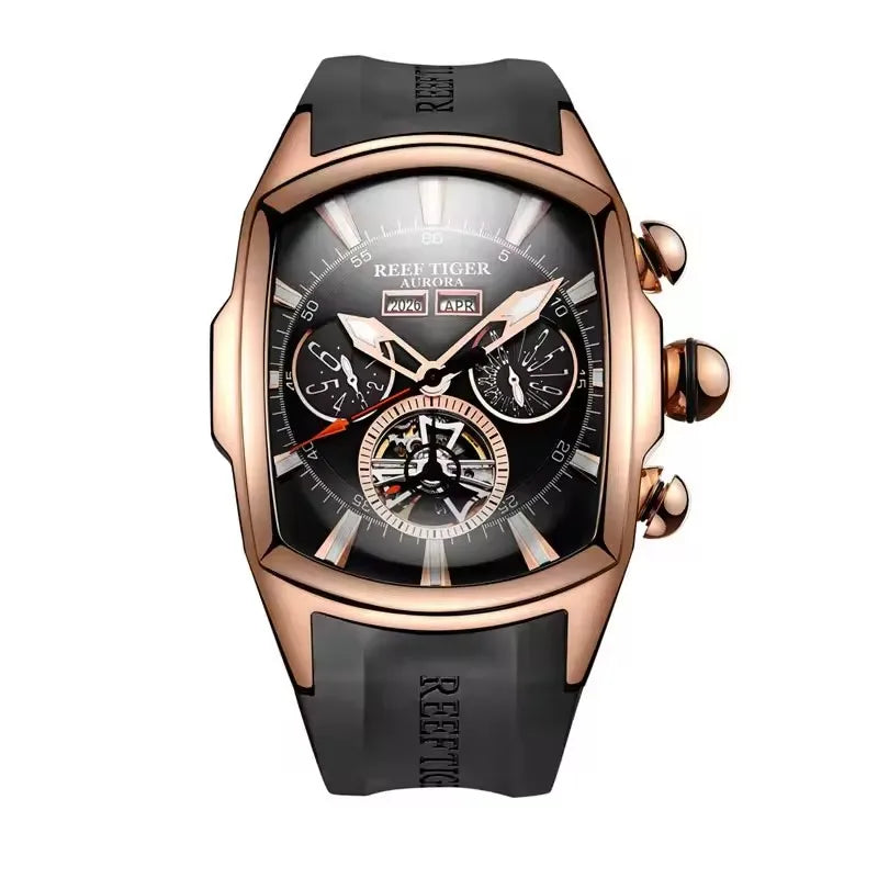 Reef Tiger 316L Stainless Steel Wine Barrel Automatic Watch Fashion Mulitfunction Tourbillon Mechanical Watches for Men RGA3069
