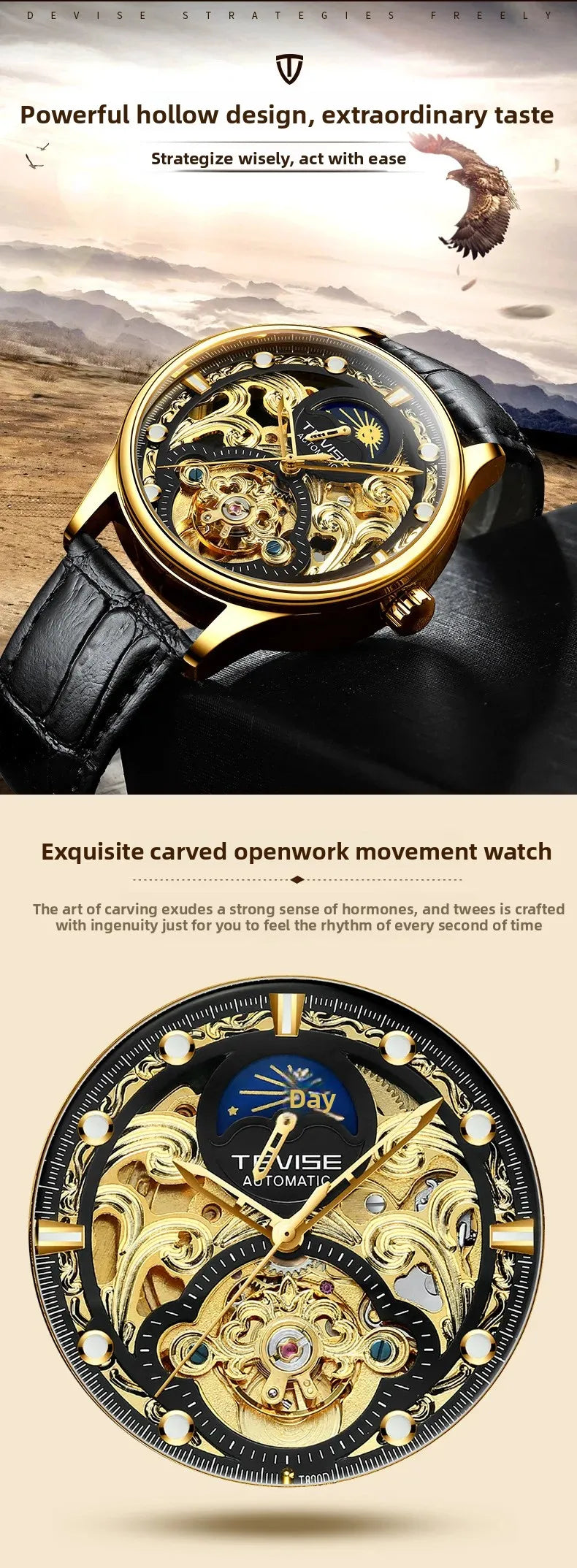 New 2025 Men's Automatic Leather Belt Watch Waterproof Business Casual Mechanical Wristwatch Hollow Design Live Broadcast Delive
