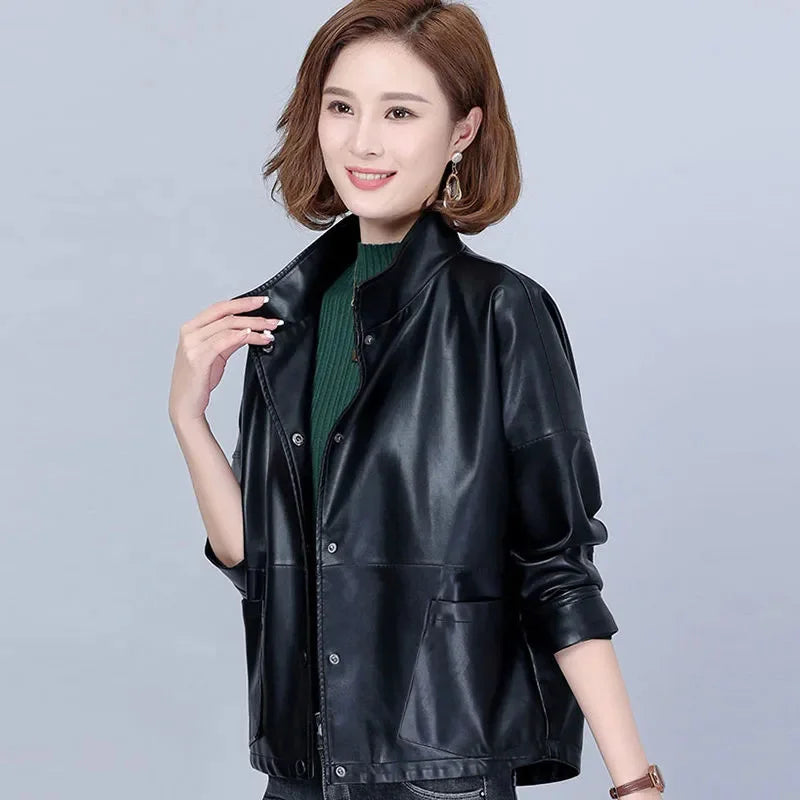 High end Women's Leather Jacket 2025 Autumn New Middle aged Woman Loose Leather Coat With lining Imitation Sheepskin Jackets