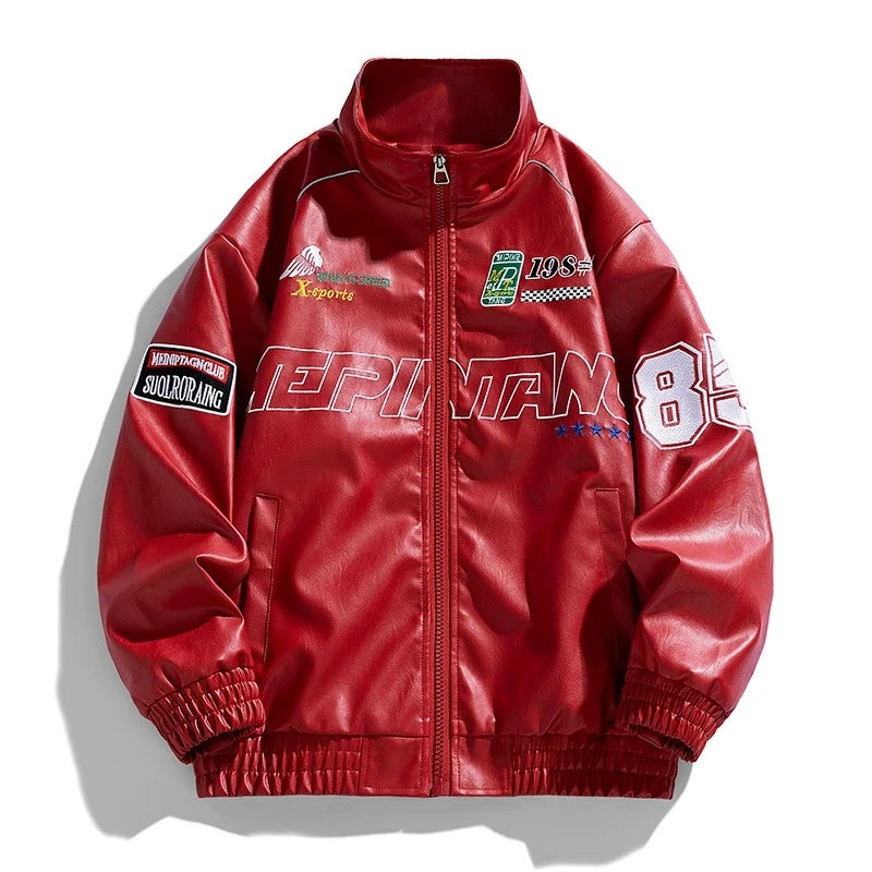 Mens Leather Jacket Pu Letter Embroidery Motorcycle Jacket Retro Hip Hop Windbreaker Biker Coat Street Fashion Black White Green