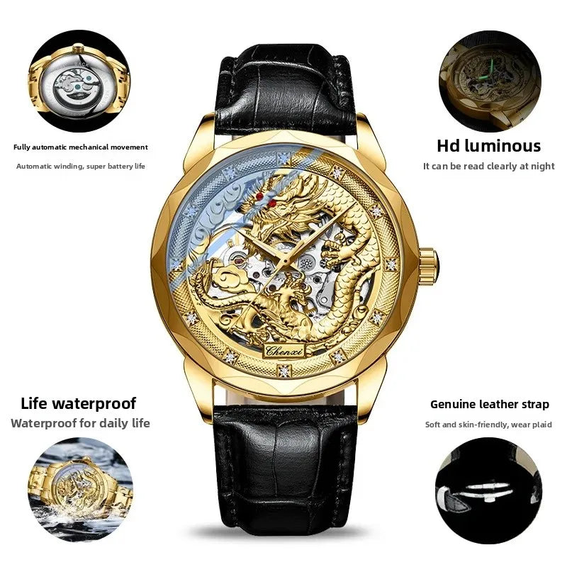 Men's Automatic Mechanical Watch Night Glow Waterproof Relief New Fashion Business Leather Steel Band Luxury Timepiece