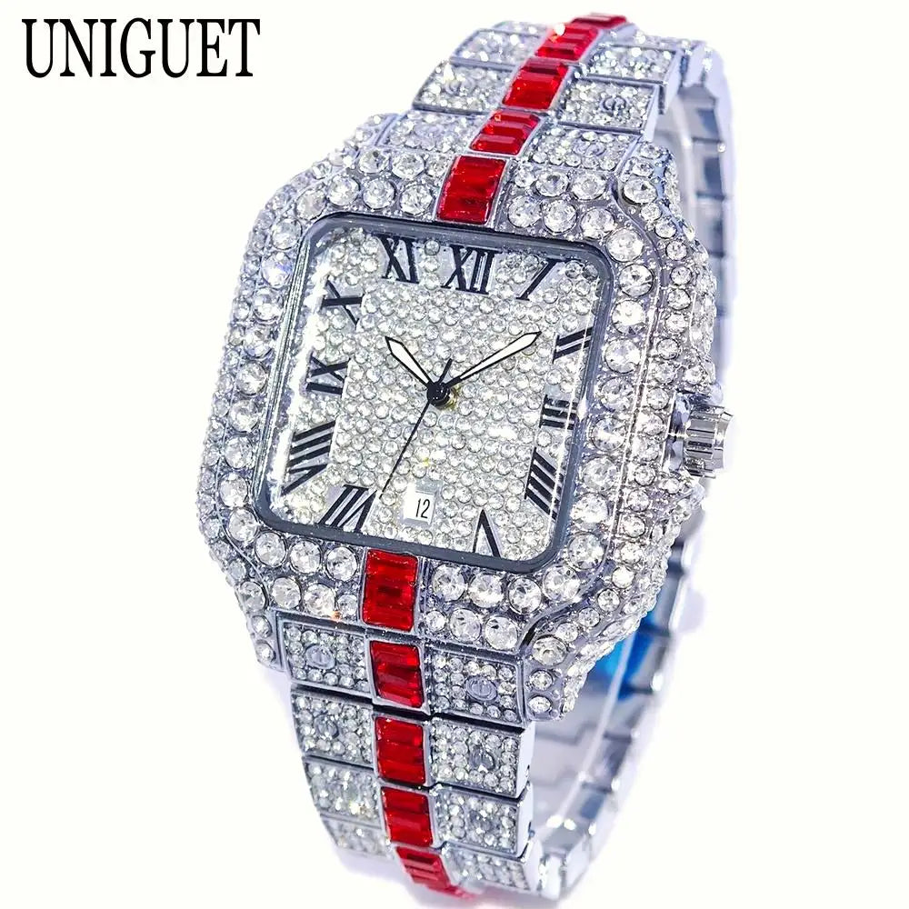 Fashion Watch For Men Brand UNIGUET Luxury Square Iced Out Quartz Watch Man Hip Hop Blue Diamond Jewelry Wristwatch Reloj Hombre