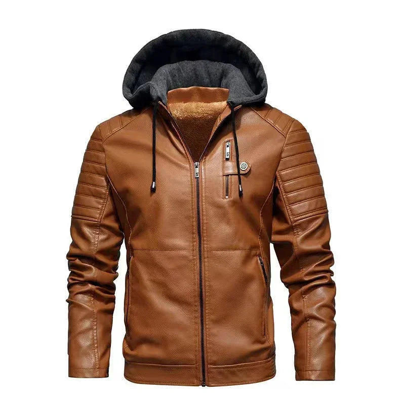 Faux Leather Jacket Men Fashion Men's Hooded Jackets Autumn Winter Military Style Outwear Zipper Pockets Coat Detachable Hat