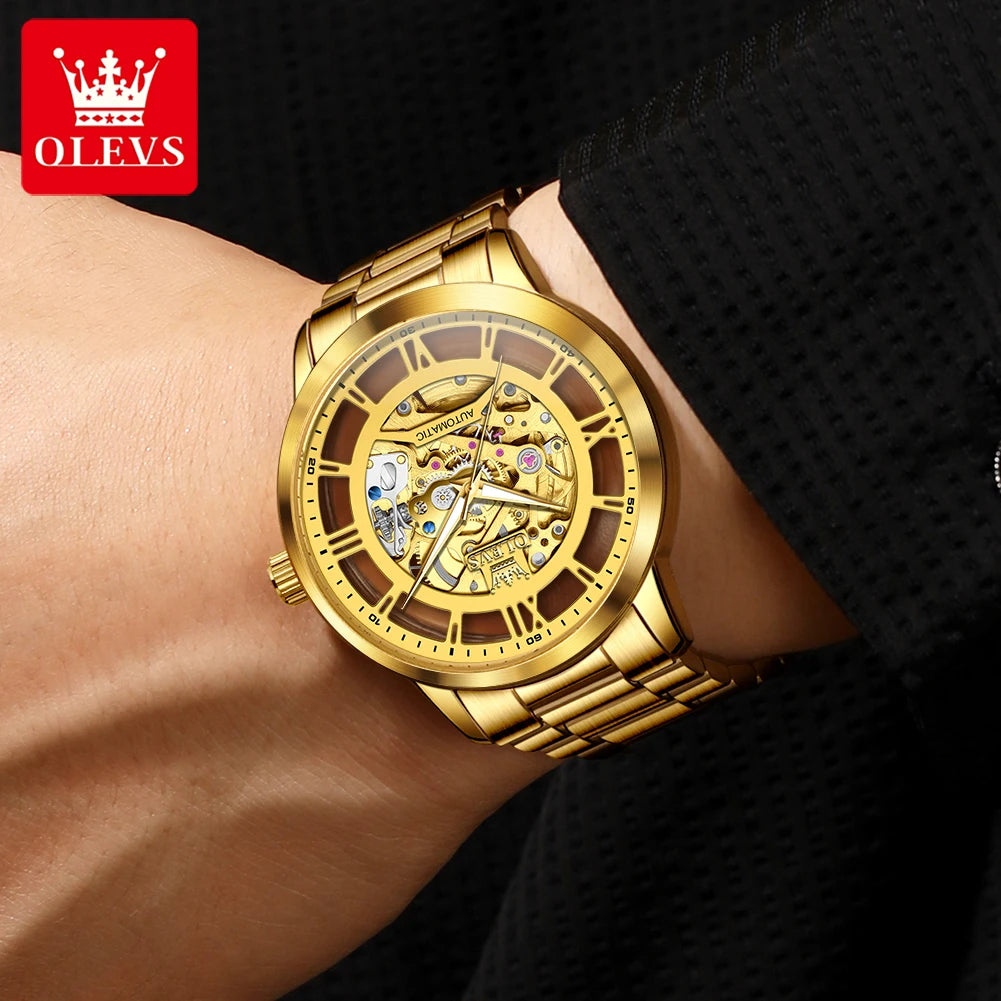 OLEVS Men Gold watch Skeleton Luxury Watch automatic mechanical Classic Wristwatches For Men Waterproof High Quality 6728