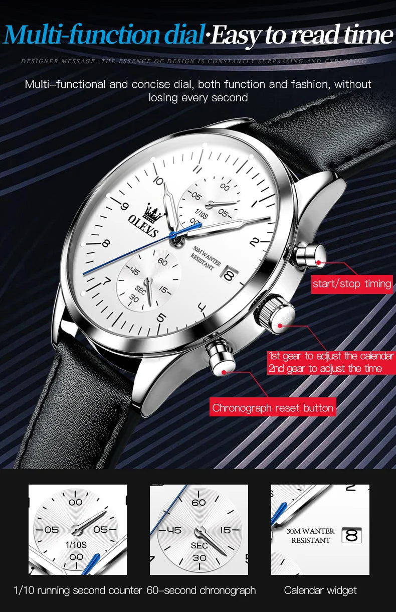 OLEVS Original Men's Watches Luxury Top Brand Leather strap Quartz Male WirstWatch Waterproof Date Business Quartz Watch for Man