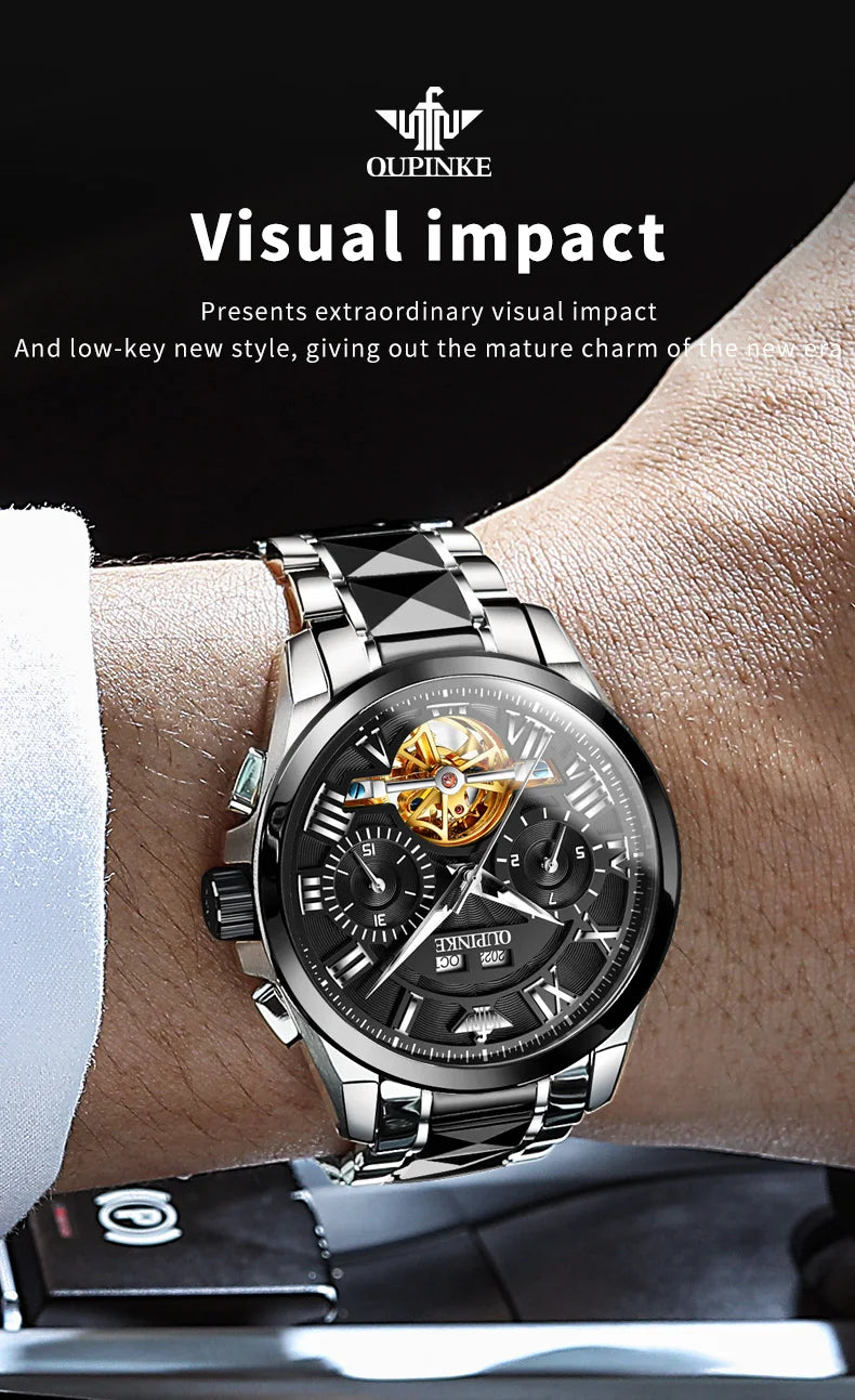 OUPINKE 3236 Men Watch Hollow Skeleton Date Luxury Mechanical Watch For Men Deep Waterproof Roman Scale Male Business Wristwatch