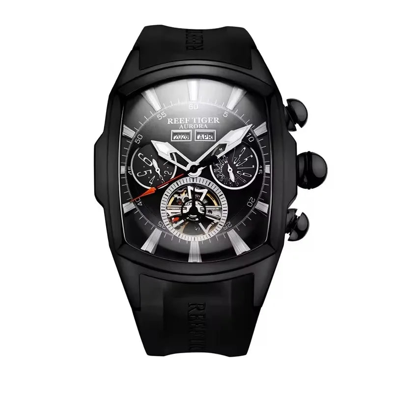 Reef Tiger 316L Stainless Steel Wine Barrel Automatic Watch Fashion Mulitfunction Tourbillon Mechanical Watches for Men RGA3069