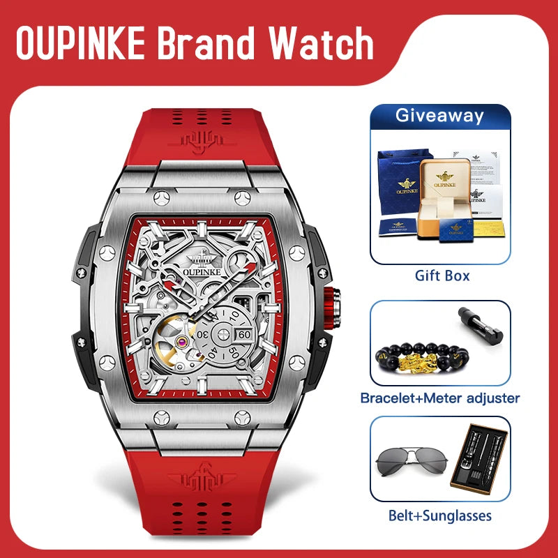 OUPINKE 3213 Mens Watch Skeleton Automatic Mechanical Watch 50M Waterproof Silicone Strap Sports Watch Sapphire Lens Gift Box