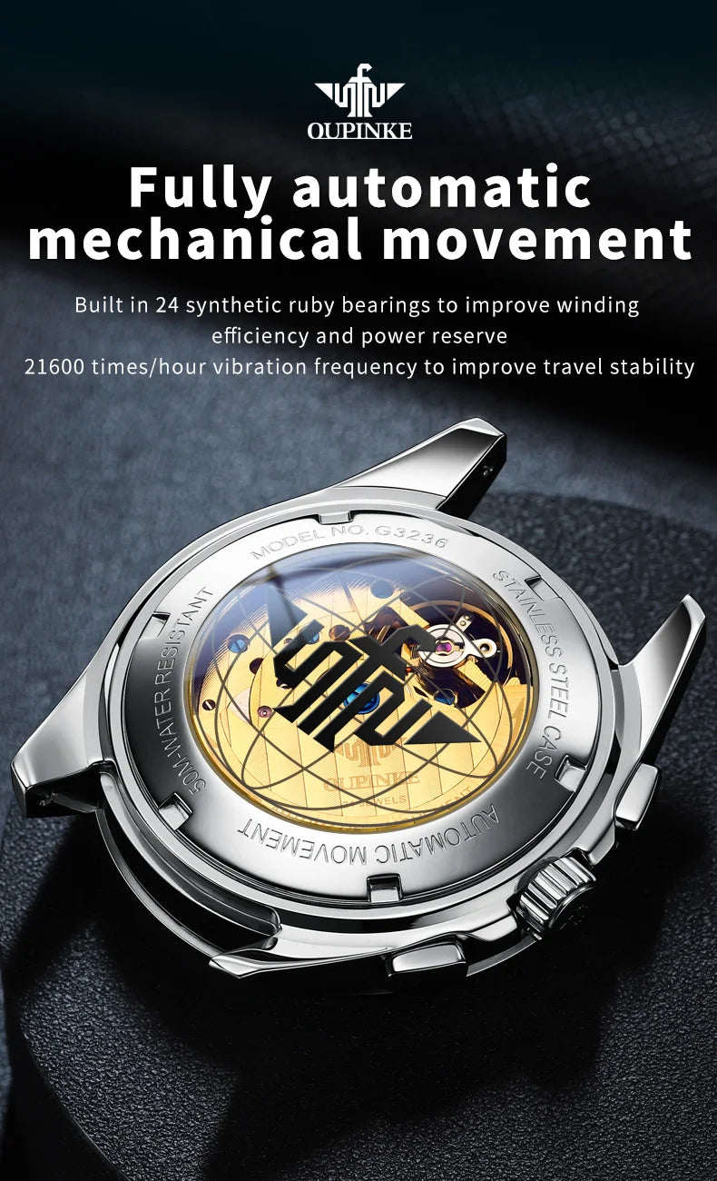 OUPINKE 3236 Men Watch Hollow Skeleton Date Luxury Mechanical Watch For Men Deep Waterproof Roman Scale Male Business Wristwatch