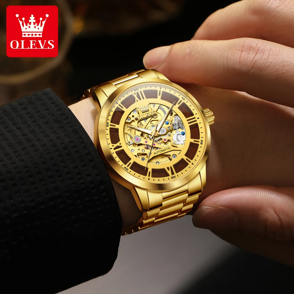OLEVS Men Gold watch Skeleton Luxury Watch automatic mechanical Classic Wristwatches For Men Waterproof High Quality 6728