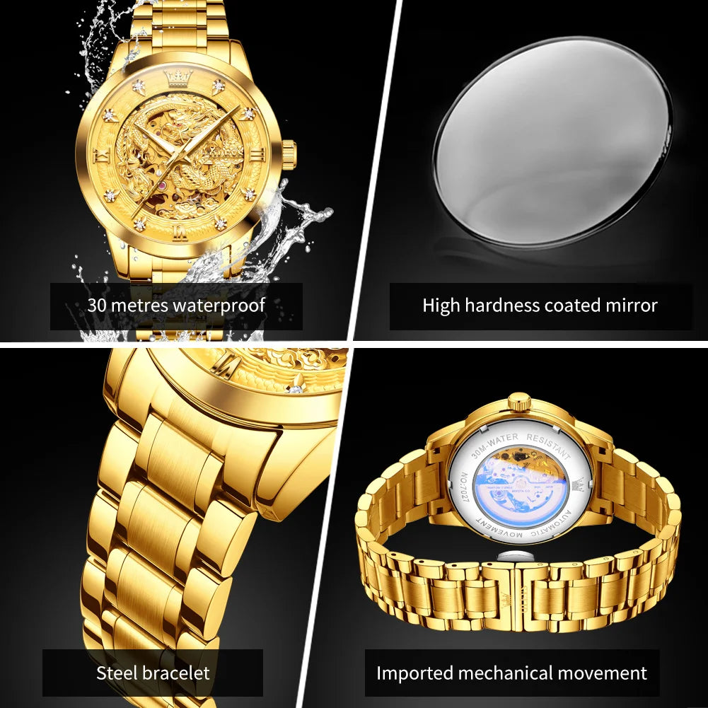 OLEVS Japan Automatic Mechanical Men's Watches High-end Luxury Brand Original Stainless Steel Hollowed Dragon Watch for Men 7027