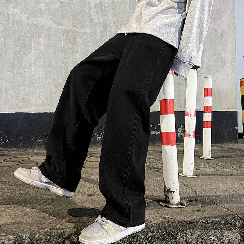 Korean Fashion Classic Jeans Men's Four Seasons Loose Straight Wide Leg Pants Street Hip-Hop Baggy Student Unisex Pants