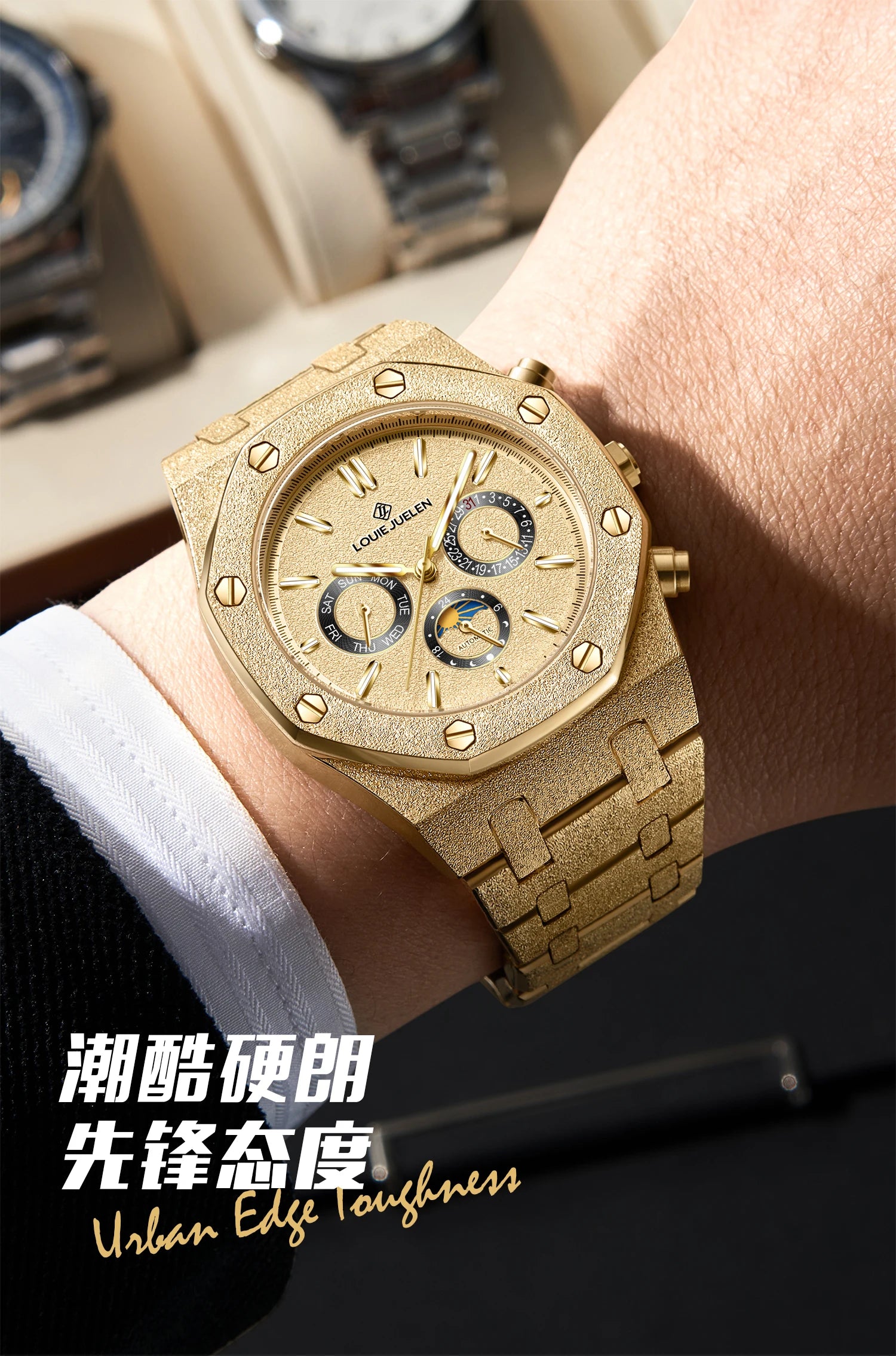 LOUIE JUELEN New Men Watch Top Brand Luxury Mechanical Automatic Stainless Steel Waterproof Moon Watch Luminous Wristwatch Clock