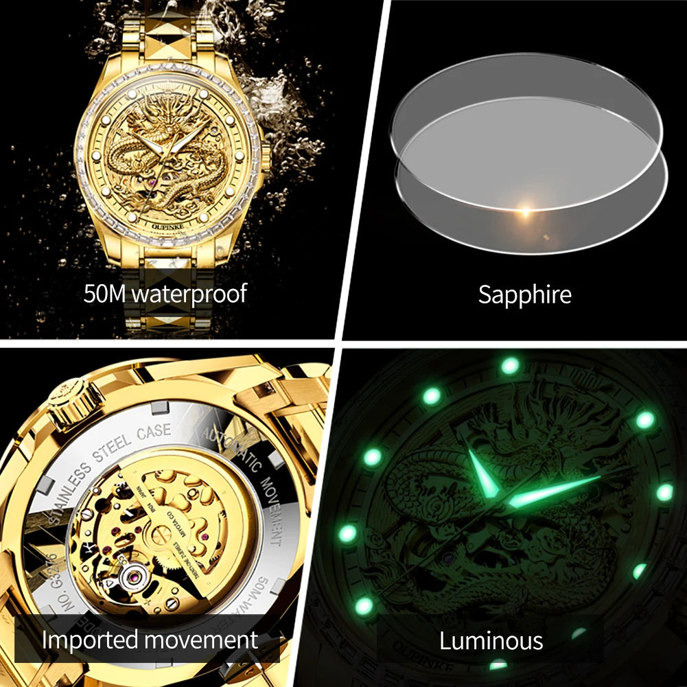 OUPINKE 3276 Mans Watch Luxury High Quality Mechanical WatchTungsten Steel Waterproof Luminous Watches For Man Gifts Dragon Dial