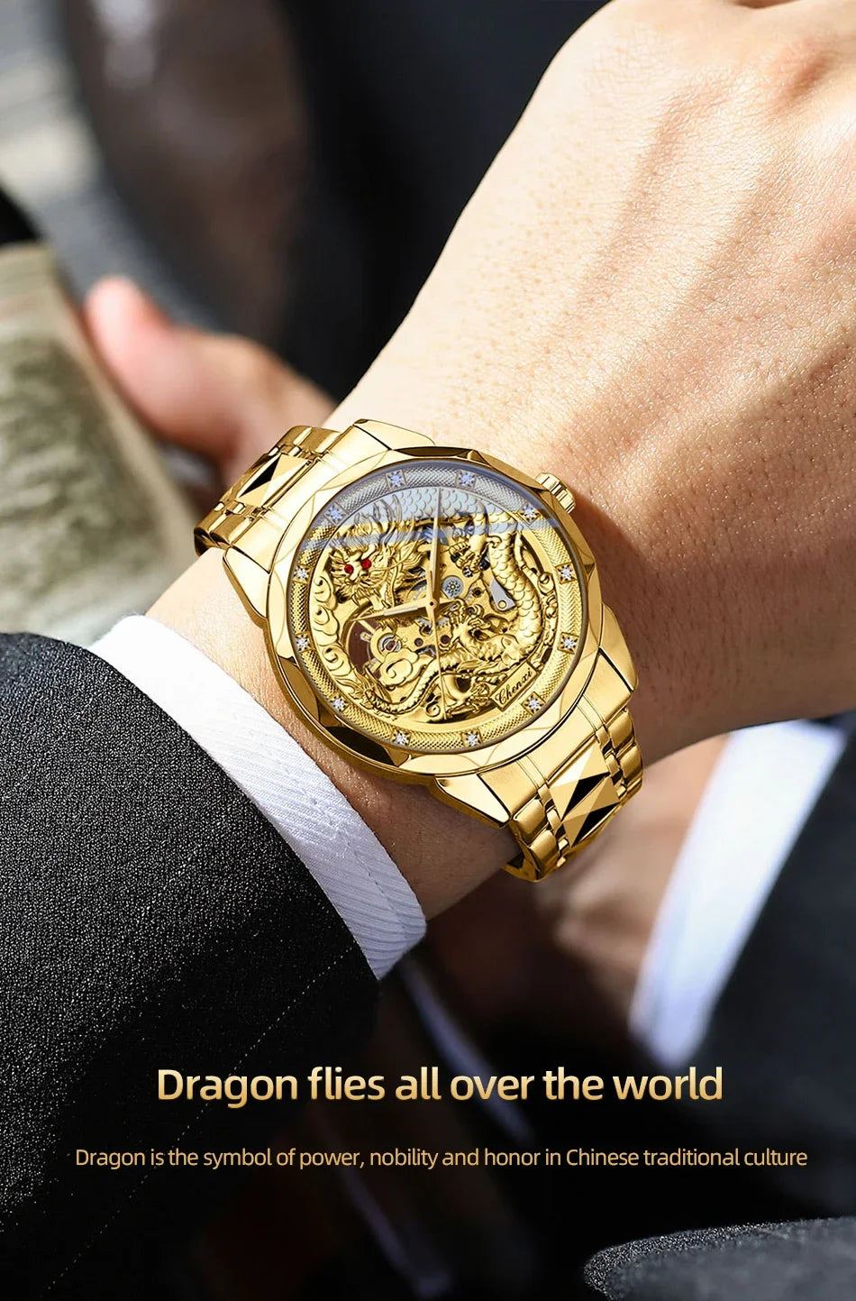 Chenxi 8899 Chinese Nation Culture And Art 3d Embossed Dragon Pattern Gold Automatic Mechanical Stainless Steel Watches For Men