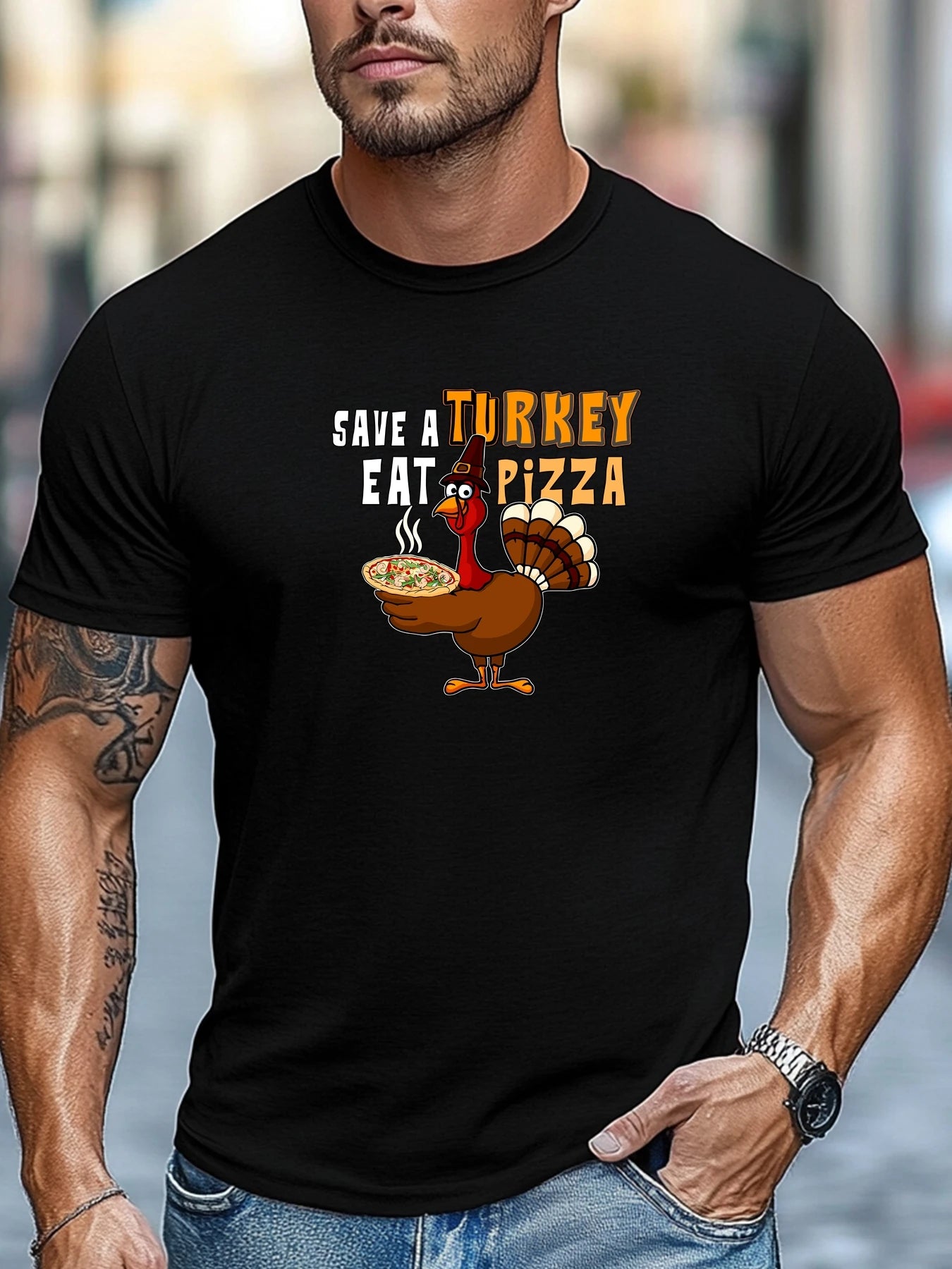 Men t-shirt SAVE A TURKEY EAT PIZZA Graphic Summer Soft Comfort Fit Tee Daily Wear Tops
