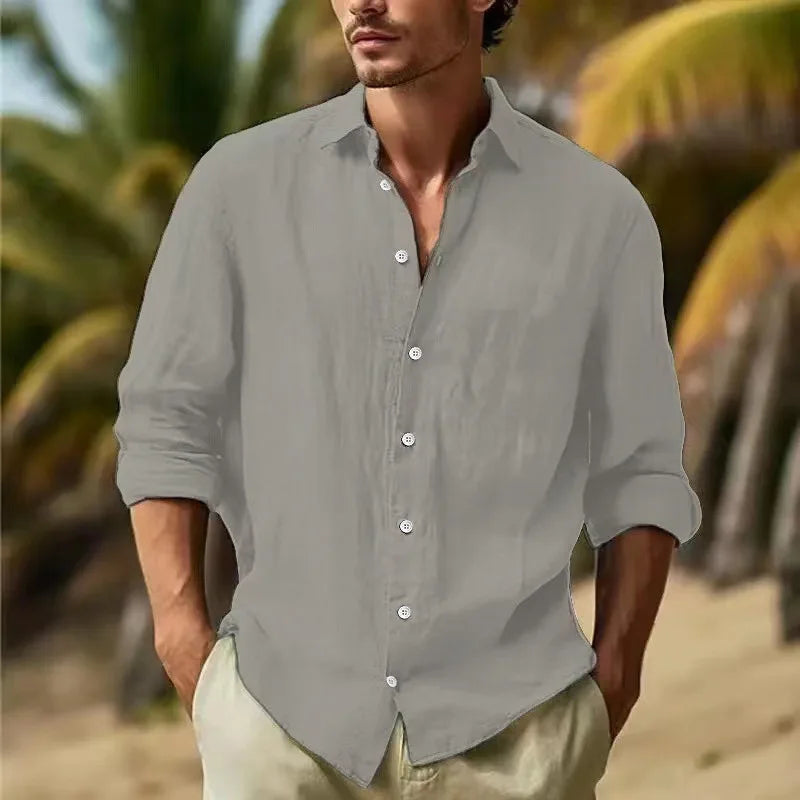 Men's Long-sleeved Top in 2025,Made of Cotton and Linen, Solid Color, Turn-down Collar, in a Casual Style Shirt  linen shirt men