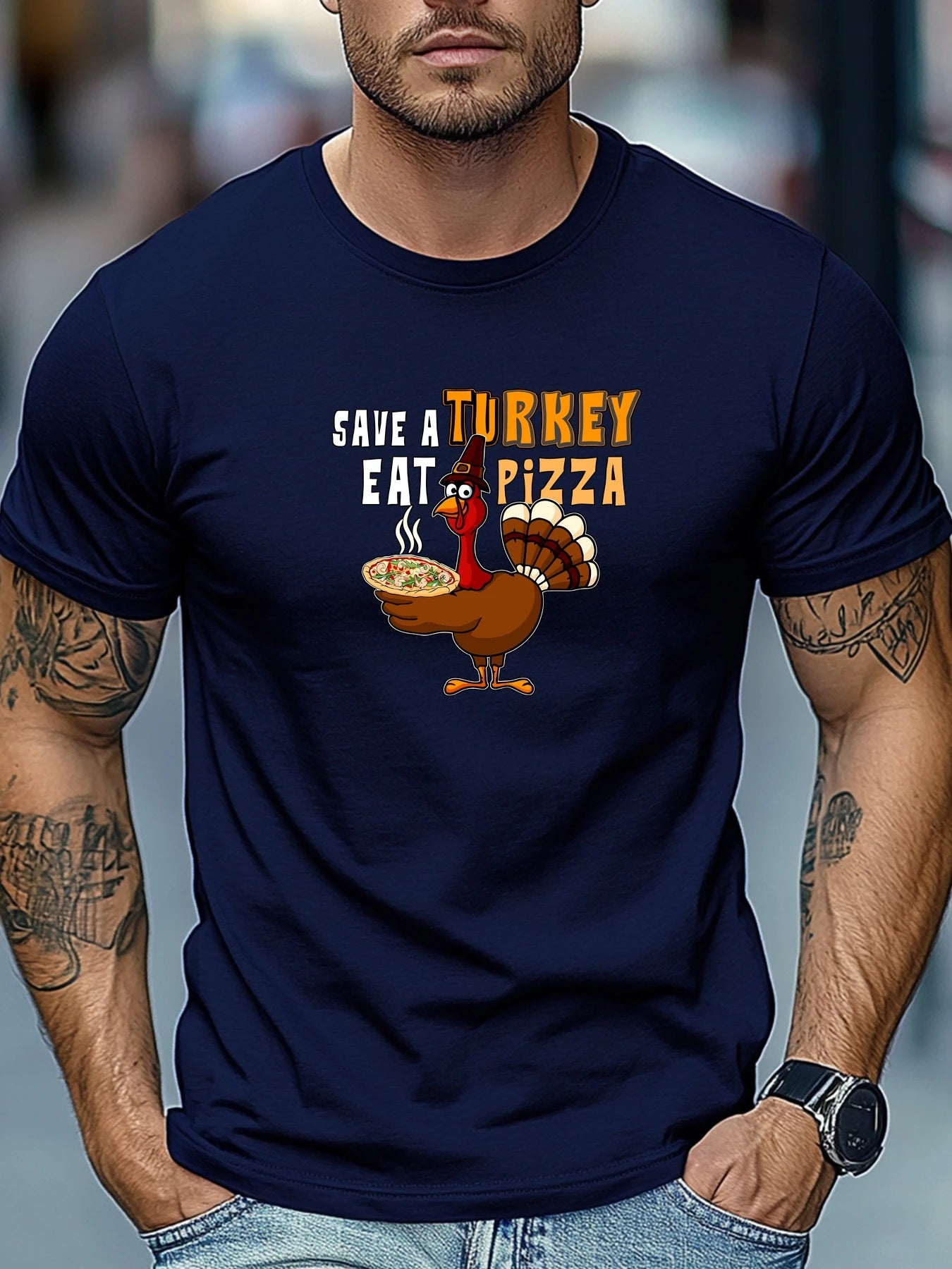 Men t-shirt SAVE A TURKEY EAT PIZZA Graphic Summer Soft Comfort Fit Tee Daily Wear Tops