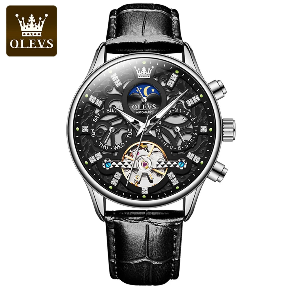 OLEVS 6658 Automatic Watches for Men Leather Strap Moon Phase Men's Hollow Mechanical Wristwatch Waterproof Calendar Hand Clock