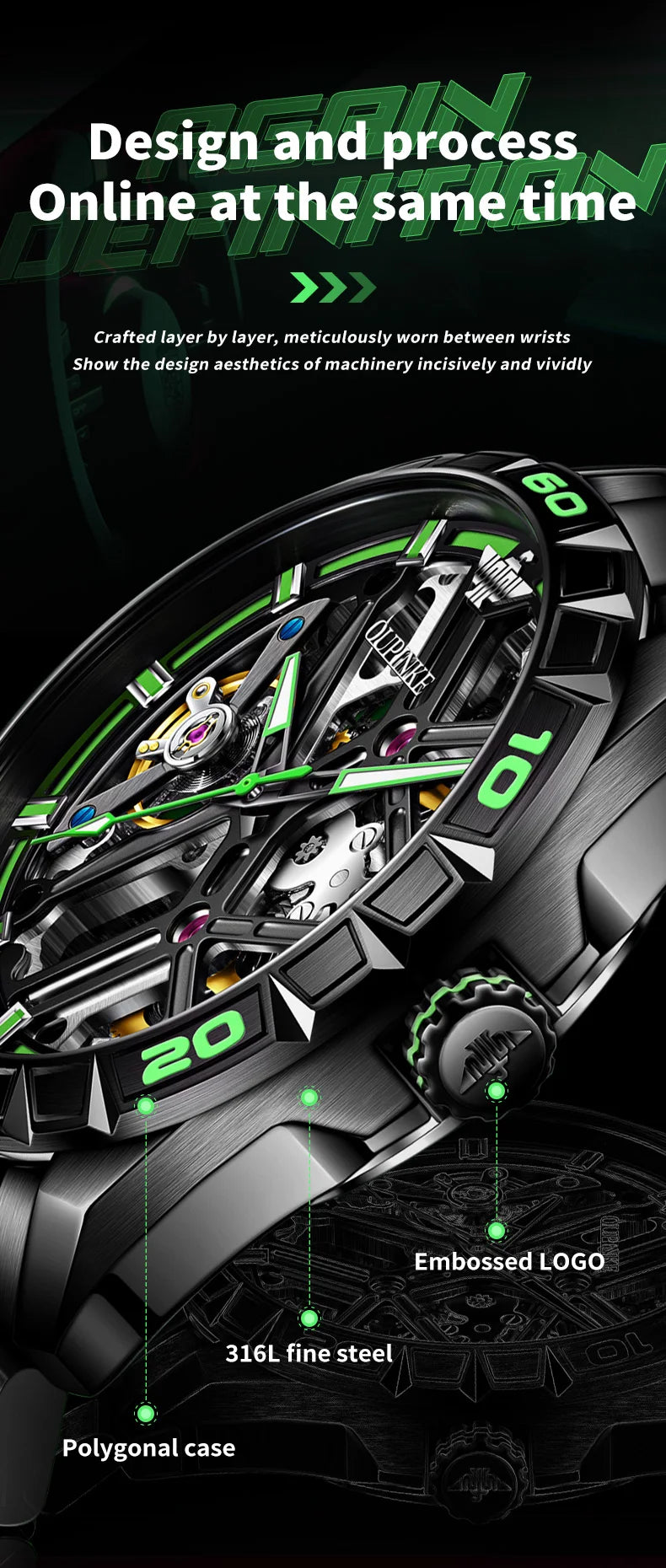 OUPINKE 3196 Fully Automatic Mechanical Watch Men Stainless steel Waterproof Green Night Light High-end Wristwatch Man