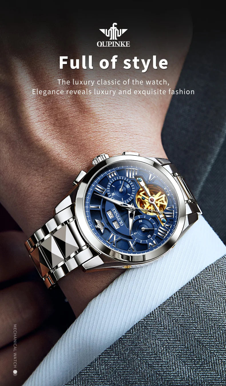 OUPINKE 3236 Men Watch Hollow Skeleton Date Luxury Mechanical Watch For Men Deep Waterproof Roman Scale Male Business Wristwatch
