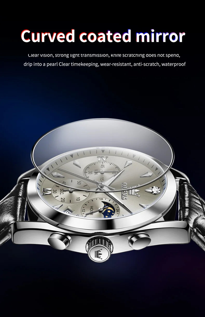 OLEVS 3609 Original Moon Phase Chronograph Man Watch Leather Strap Waterproof Luminous Luxury Brand Quartz Wrist Watches for Men