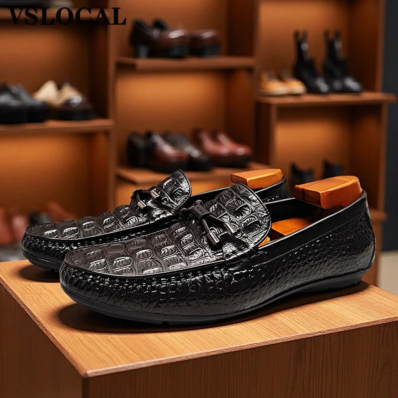 Luxury Men Shoes Black Brown Slip On Croco Prints Casual Dress Shoes Man Wedding Office Business Leather Loafers For Man