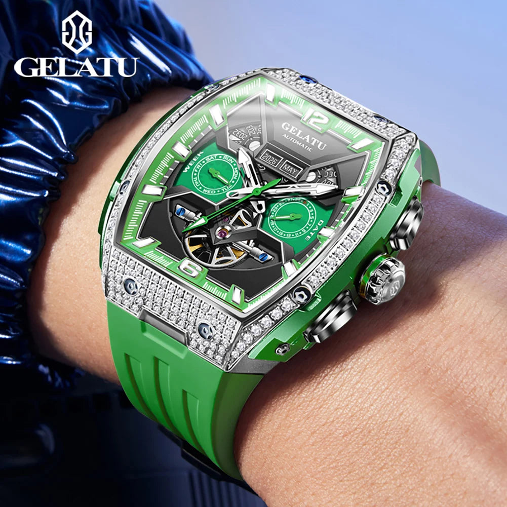 GELATU 6016 High-end Full Diamond Automatic Mechanical Watch for Men Multifunction Hollow Silicone Strap Men's Wristwatches