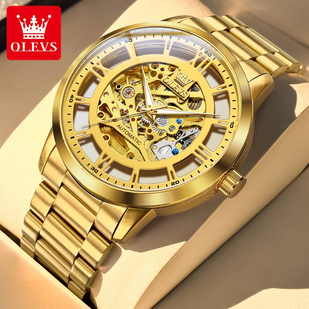 OLEVS Men Gold watch Skeleton Luxury Watch automatic mechanical Classic Wristwatches For Men Waterproof High Quality 6728