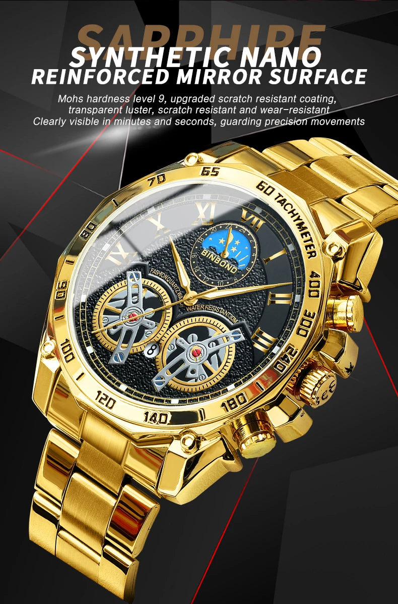 BINBOND Luxury Men Quartz Watches Fashion Concept Decorative Dial Casual Military Sports Wristwatch Waterproof Men's Clock