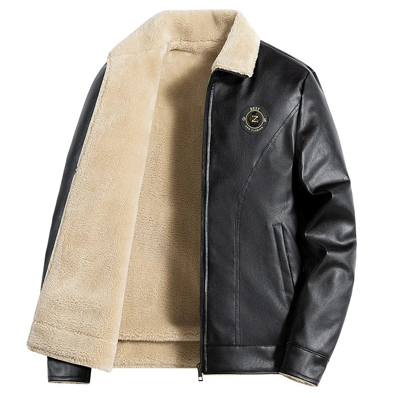 Men's Jackets Faux Leather with Fur Turn-down Collar Embroidered Brand Windproof Warm Coat Outwear